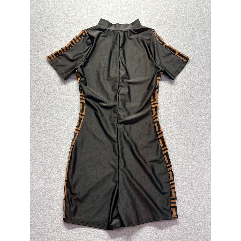 Unbranded Black Romper Greek Key Side‎ Stripe Mock Neck Zip Front Short Sleeve